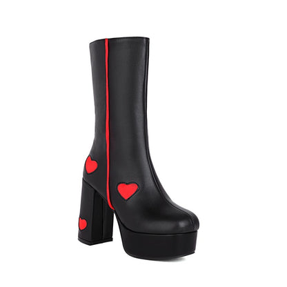 Glossy Round Toe Love Hearts Side Zippers Block Chunky Heel Platform Mid Calf Boots for Women