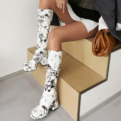 Pu Leather Square Toe Flora Printed Block Chunky Heel Platform Knee High Boots for Women