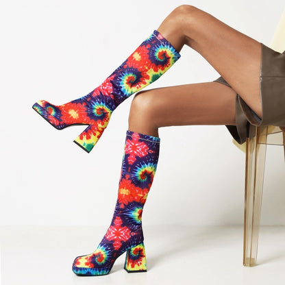 Snake-printed Pu Leather Square Toe Block Chunky Heel Platform Knee High Boots for Women