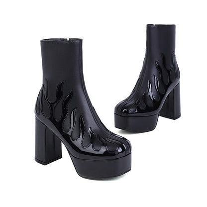 Bicolor Pu Leather Round Toe Side Zippers Block Chunky Heel Platform Short Boots for Women