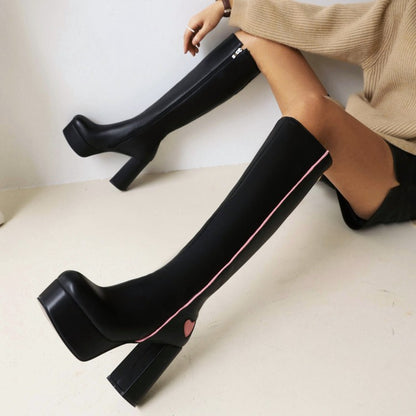 Pu Leather Square Toe Bicolor Love Hearts Side Zippers Block Chunky Heel Platform Knee High Boots for Women