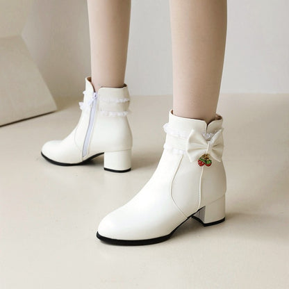 Pu Leather Lace Bow Tie Side Zippers Block Chunky Heel Short Boots for Women