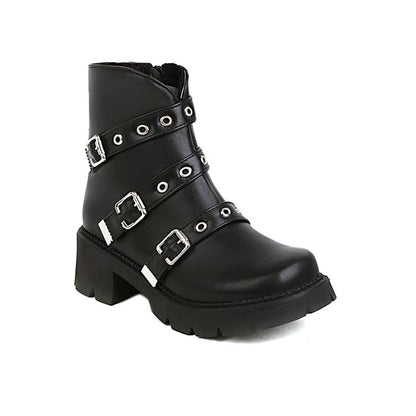 Ladies Pu Leather Rivets Buckles Belts Puppy Heel Short Boots