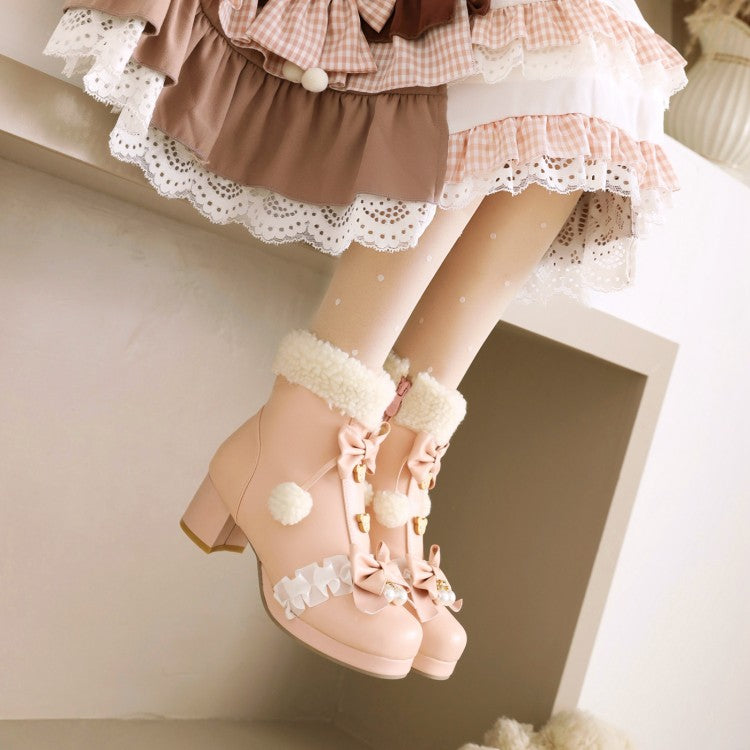 Square Toe Lace Bow Tie Pearls Block Chunky Heel Ankle Boots for Women