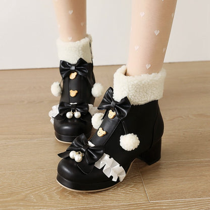 Square Toe Lace Bow Tie Pearls Block Chunky Heel Ankle Boots for Women