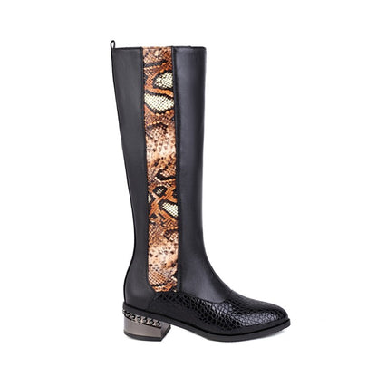 Ladies Snake Printed Patchwork Side Zippers Puppy Heel Knee High Boots