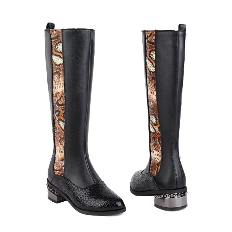 Ladies Snake Printed Patchwork Side Zippers Puppy Heel Knee High Boots