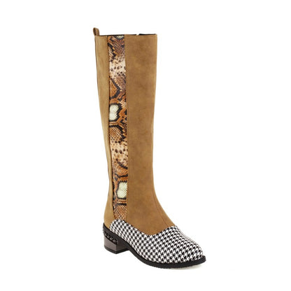 Ladies Snake Printed Patchwork Side Zippers Puppy Heel Knee High Boots