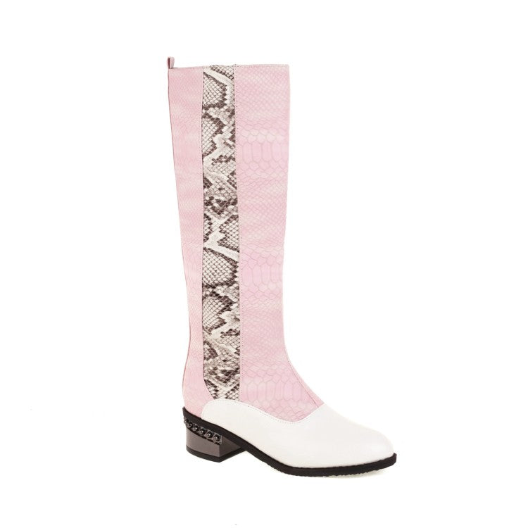 Ladies Snake Printed Patchwork Side Zippers Puppy Heel Knee High Boots