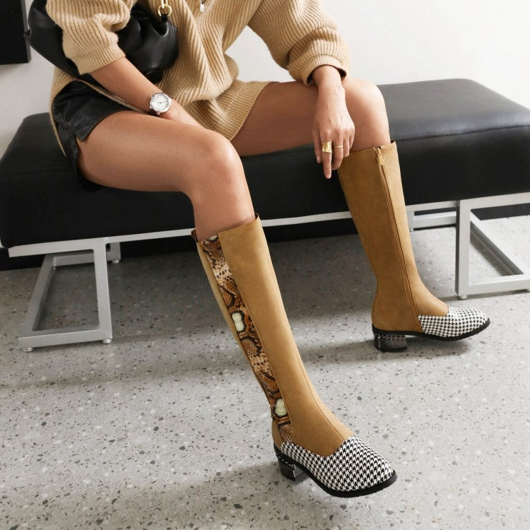 Ladies Snake Printed Patchwork Side Zippers Puppy Heel Knee High Boots