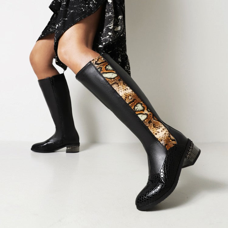 Ladies Snake Printed Patchwork Side Zippers Puppy Heel Knee High Boots