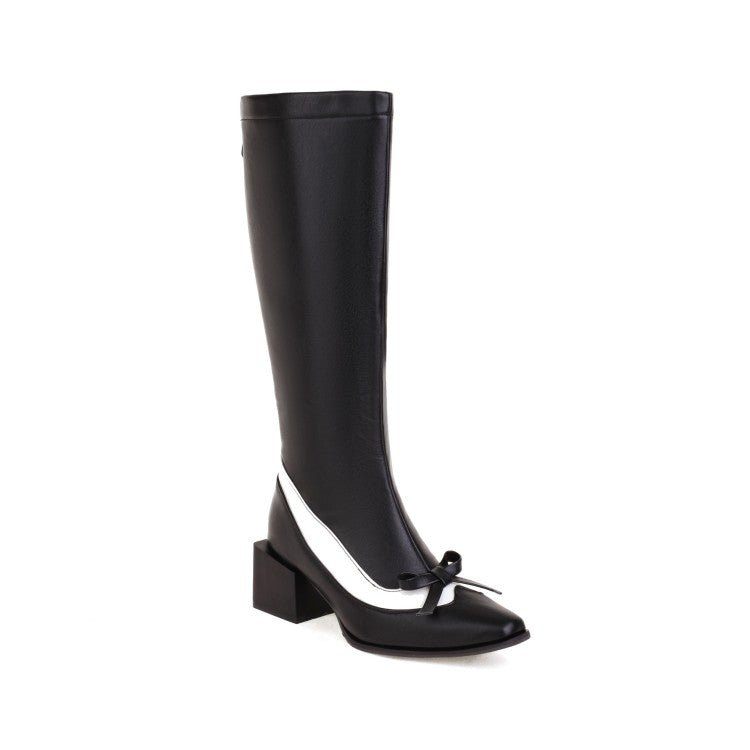 Ladies Bicolor Pu Leather Pointed Toe Knot Chunky Heel Knee High Boots