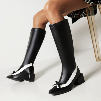 Ladies Bicolor Pu Leather Pointed Toe Knot Chunky Heel Knee High Boots