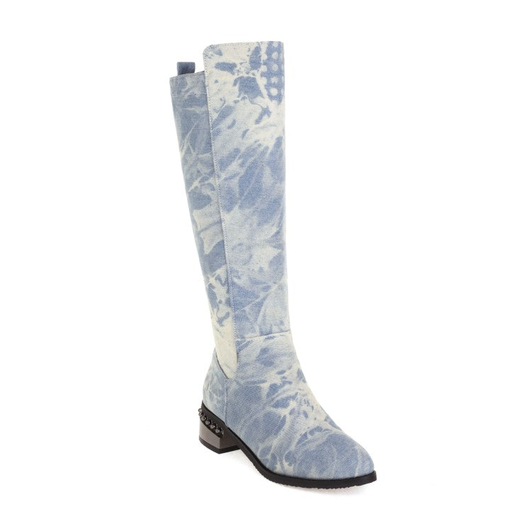 Ladies Tie Dye Stitch Side Zippers Block Chunky Heel Knee High Boots