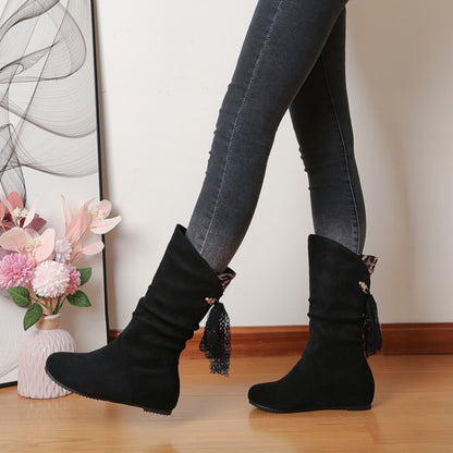 Round Toe Back Tassel Flat Inside Heighten Mid Calf Boots for Women