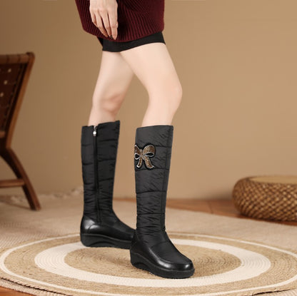 Ladies Waterproof Rhinestones Zipper Wedge Heels Down Tall Boots for Winter