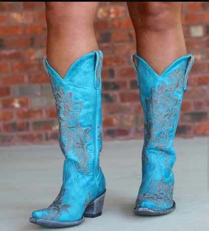 Ladies Ethnic Patchwork Embroidery Low Heels Cowboy Knee High Boots