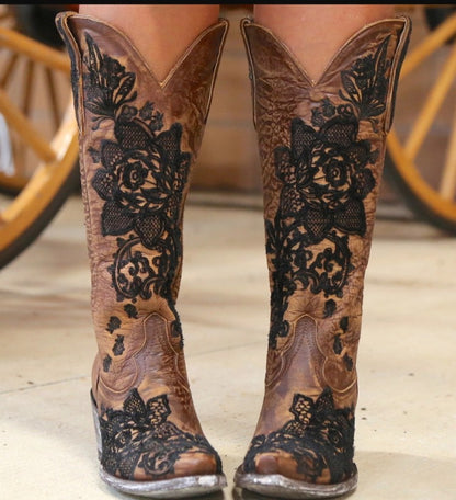 Ladies Ethnic Patchwork Embroidery Low Heels Cowboy Knee High Boots