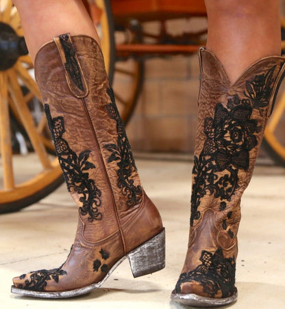 Ladies Ethnic Patchwork Embroidery Low Heels Cowboy Knee High Boots