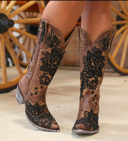 Ladies Ethnic Patchwork Embroidery Low Heels Cowboy Knee High Boots