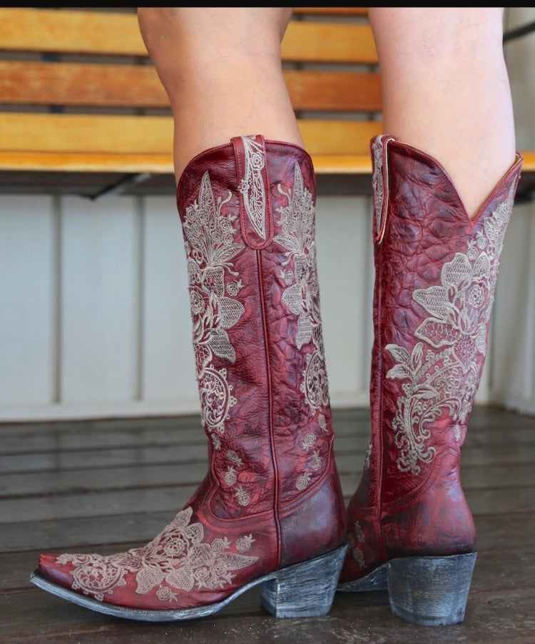 Ladies Ethnic Patchwork Embroidery Low Heels Cowboy Knee High Boots