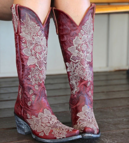 Ladies Ethnic Patchwork Embroidery Low Heels Cowboy Knee High Boots