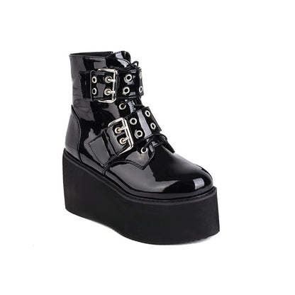 Booties Glossy Round Toe Double Buckle Straps Wedge Heel Platform Short Boots for Women