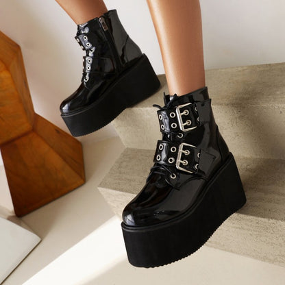 Booties Glossy Round Toe Double Buckle Straps Wedge Heel Platform Short Boots for Women