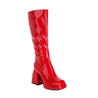 Glossy Square Toe Side Zippers Block Chunky Heel Platform Knee High Boots for Women