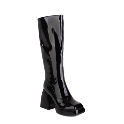 Glossy Square Toe Side Zippers Block Chunky Heel Platform Knee High Boots for Women