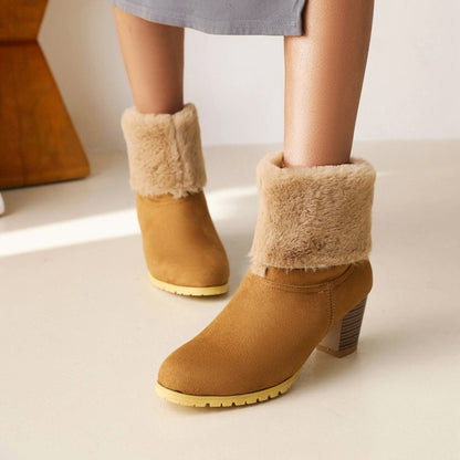 Ladies Fold Suede Stitching Patchwork Fur Chunky Heel Short Boots