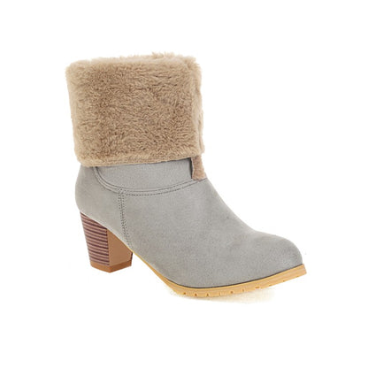 Ladies Fold Suede Stitching Patchwork Fur Chunky Heel Short Boots