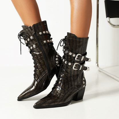 Crocodile Pattern Pointed Toe Rivets Block Heel Mid Calf Boots for Women