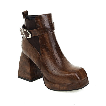 Ladies Pattern Pu Leather Belts Buckles Block Heel Platform Short Boots