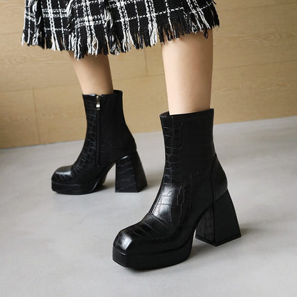 Ladies Pattern Pu Leather Square Toe Side Zippers Block Heel Platform Short Boots