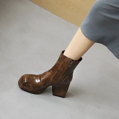 Ladies Pattern Pu Leather Square Toe Side Zippers Block Heel Platform Short Boots