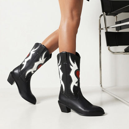 Ladies Ethnic Printed Pointed Toe Block Heel Mid Calf Boots