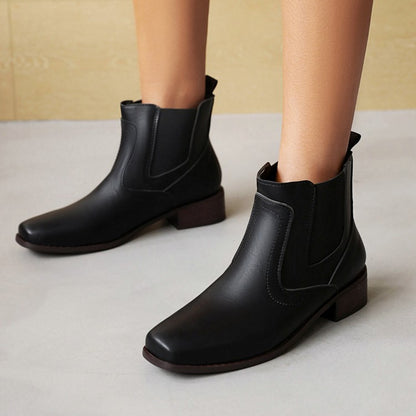 Pu Leather Square Toe Stretch Block Heel Short Boots for Women