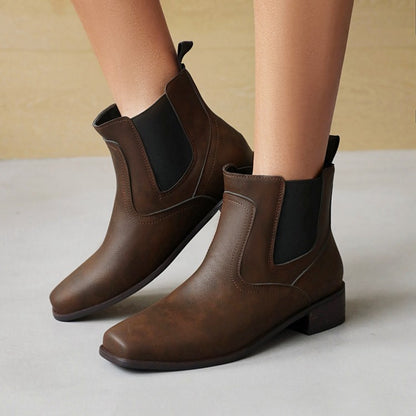 Pu Leather Square Toe Stretch Block Heel Short Boots for Women