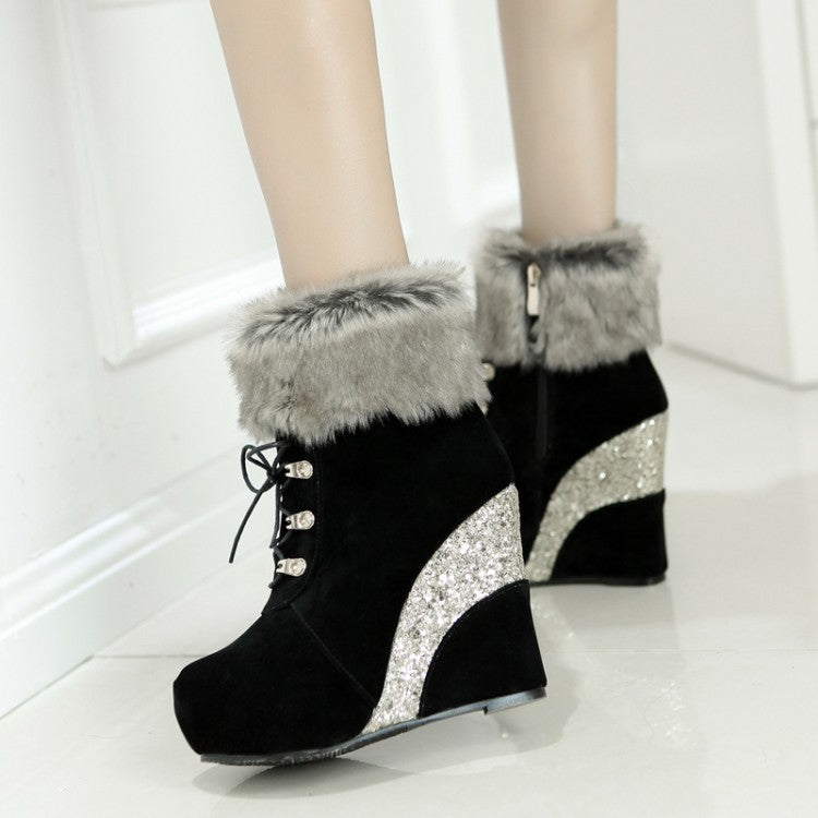 Ladies Flock Sparkling Sequins Wedge Heel Platform Short Boots