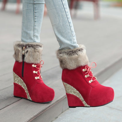 Ladies Flock Sparkling Sequins Wedge Heel Platform Short Boots