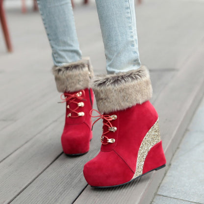 Ladies Flock Sparkling Sequins Wedge Heel Platform Short Boots