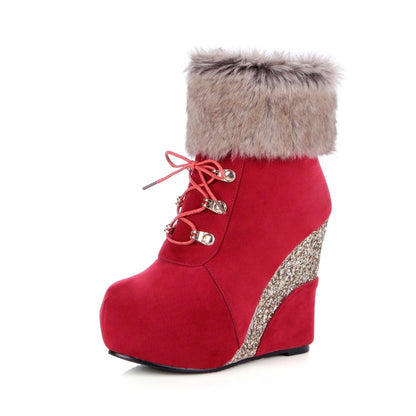 Ladies Flock Sparkling Sequins Wedge Heel Platform Short Boots