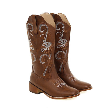 Ladies Embroidery Block Heel Cowboy Mid Calf Boots