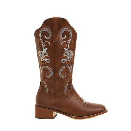 Ladies Embroidery Block Heel Cowboy Mid Calf Boots