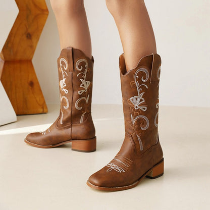 Ladies Embroidery Block Heel Cowboy Mid Calf Boots