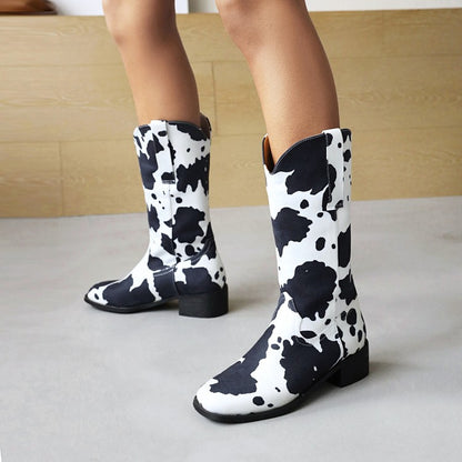 Ladies Printed Block Heel Cowboy Mid Calf Boots