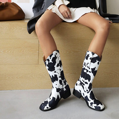 Ladies Printed Block Heel Cowboy Mid Calf Boots