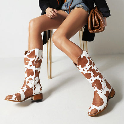 Ladies Printed Block Heel Cowboy Mid Calf Boots