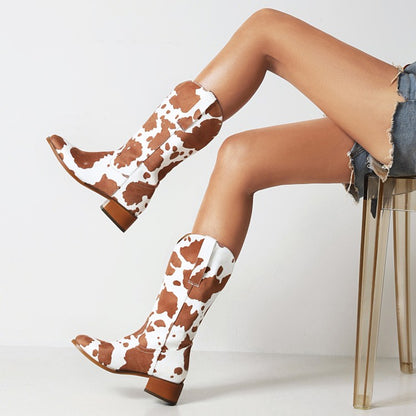 Ladies Printed Block Heel Cowboy Mid Calf Boots